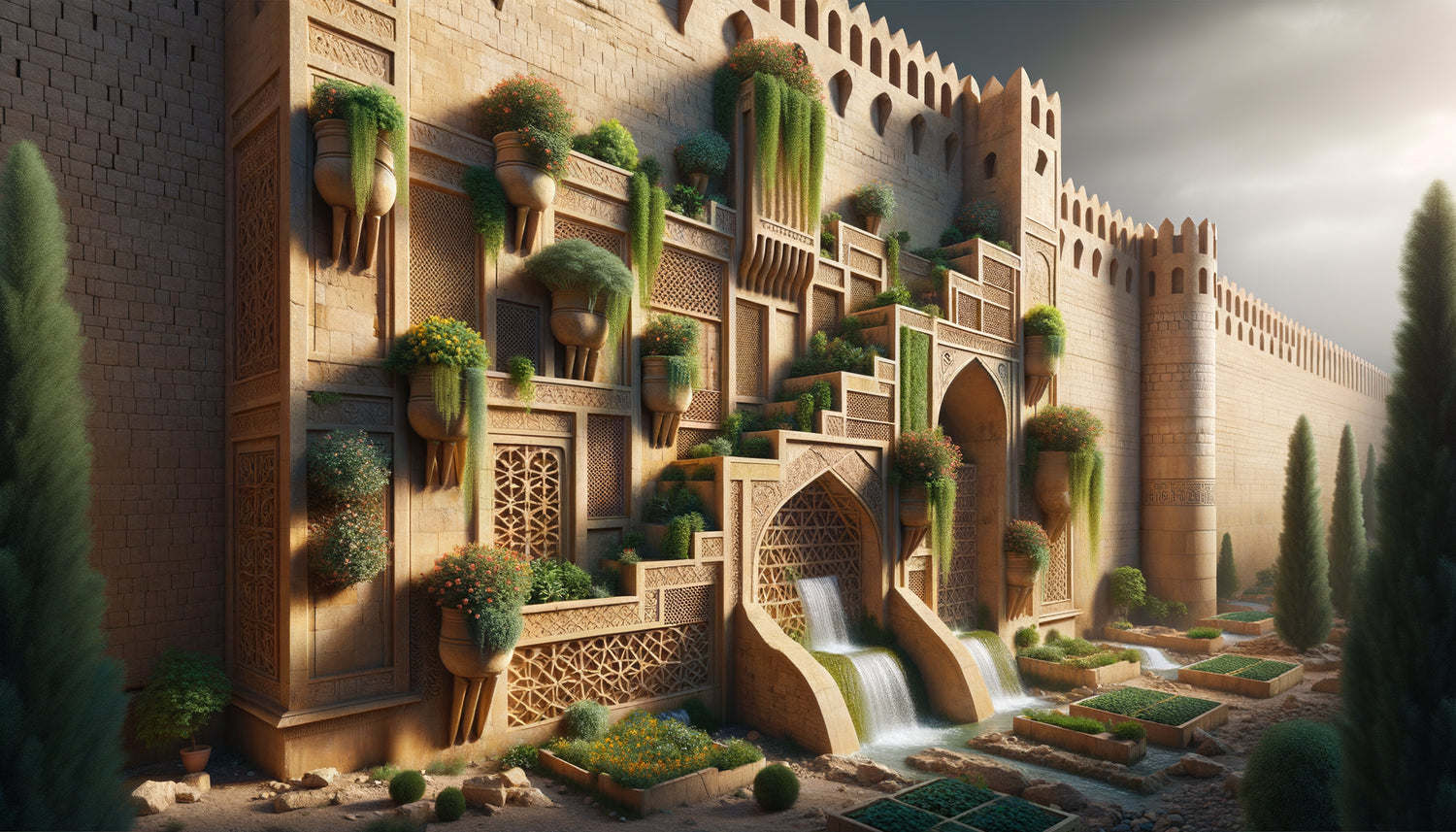 Mur architectural sassanide antique (IIIe-VIIe siècle) avec jardins suspendus intégrés et système d'irrigation sophistiqué en terre cuite