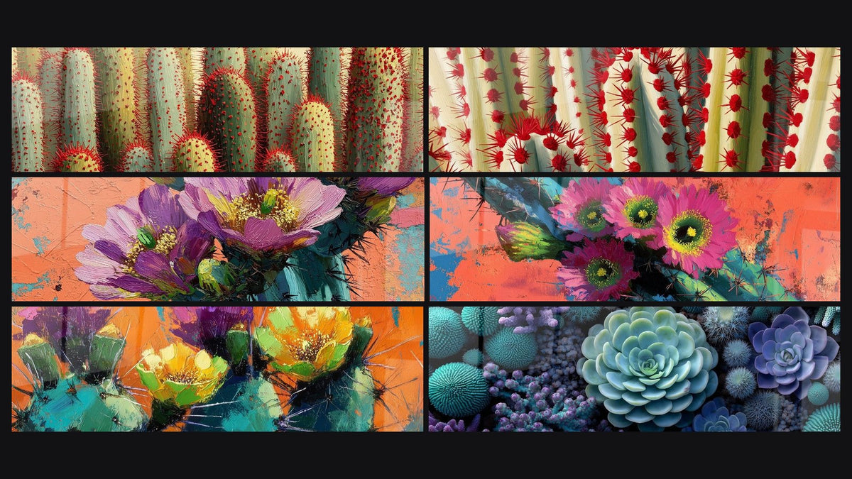 Mosaïque de six tableaux, dont Cactus aux Épines Rouges sur Fond Écru et Fleurs violettes sur fond corail