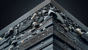 Gros plan macro sur texture d'ardoise synthétique moderne révélant sa composition en résines et charges minérales naturelles