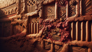 Mur traditionnel en argile ferrugineux rouge profond d'Afrique de l'Ouest, texture naturelle riche en oxyde de fer