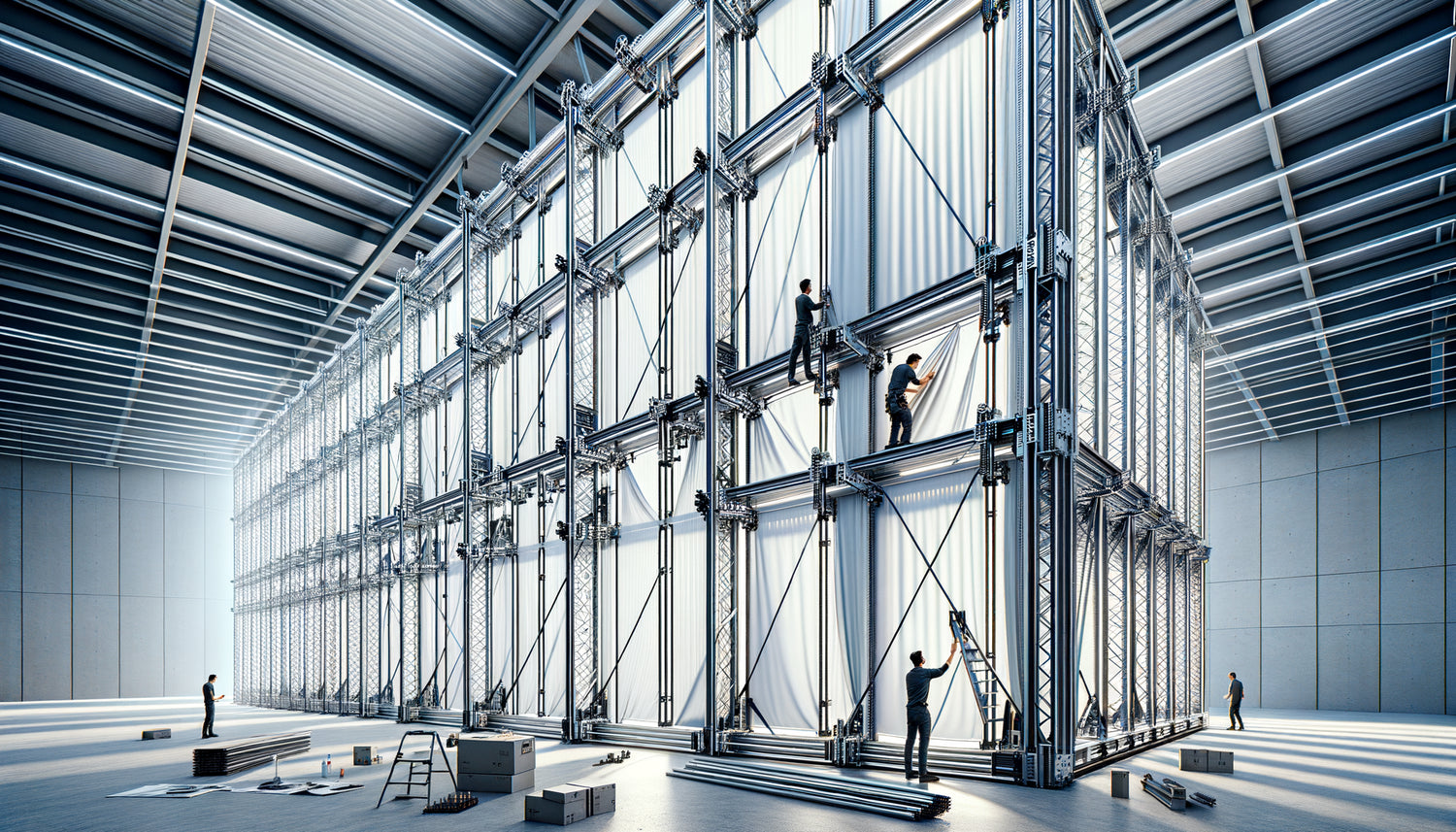 Système d'armature métallique pour tissu tendu mural de 5 mètres avec tubes renforcés et entretoises visibles lors de l'installation