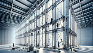 Système d'armature métallique pour tissu tendu mural de 5 mètres avec tubes renforcés et entretoises visibles lors de l'installation