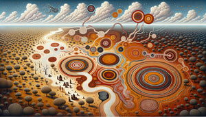 Peinture aborigène australienne traditionnelle en pointillisme, vue aérienne symbolique du territoire avec cercles concentriques et motifs sacrés ocre
