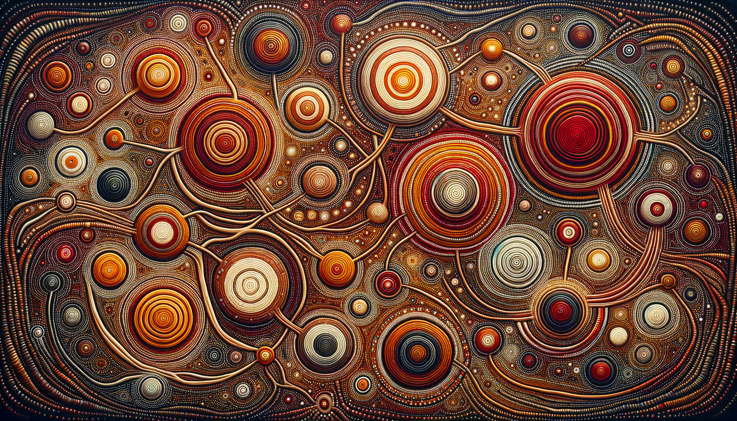 Peinture aborigène traditionnelle représentant le cosmos comme réseau de chemins interconnectés et points sacrés en ocre