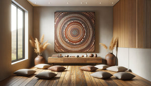 Peinture aborigène contemporaine australienne aux motifs pointillistes hypnotiques et couleurs terreuses dans un espace de méditation thérapeutique