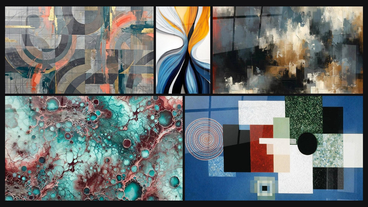 Mosaic of five paintings, including Grey and Coral Circles Intertwined, Garnet Essence and Dynamic Colored Flows