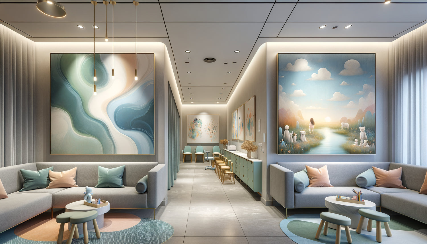 Comparaison art abstrait et figuratif dans cabinet de pédiatrie moderne avec ambiance apaisante pour enfants