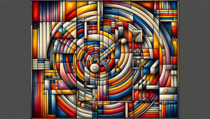 Peinture abstraite géométrique début XXe siècle fusionnant géométries non-euclidiennes et art abstrait style Kandinsky-Mondrian