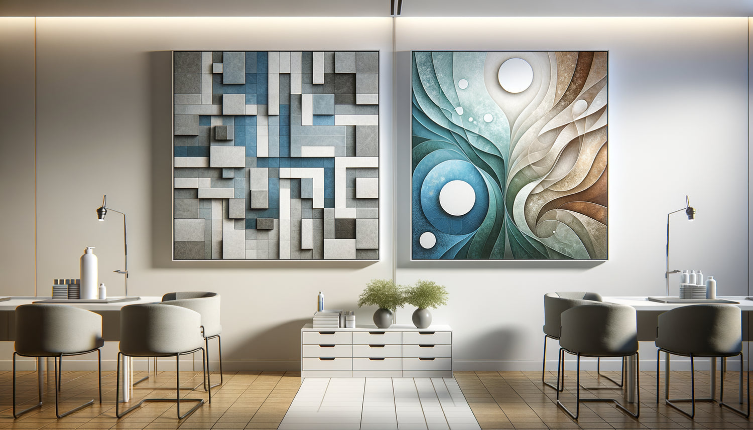 Comparaison visuelle entre art abstrait géométrique aux formes rigides et art abstrait organique aux courbes fluides dans contexte médical apaisant