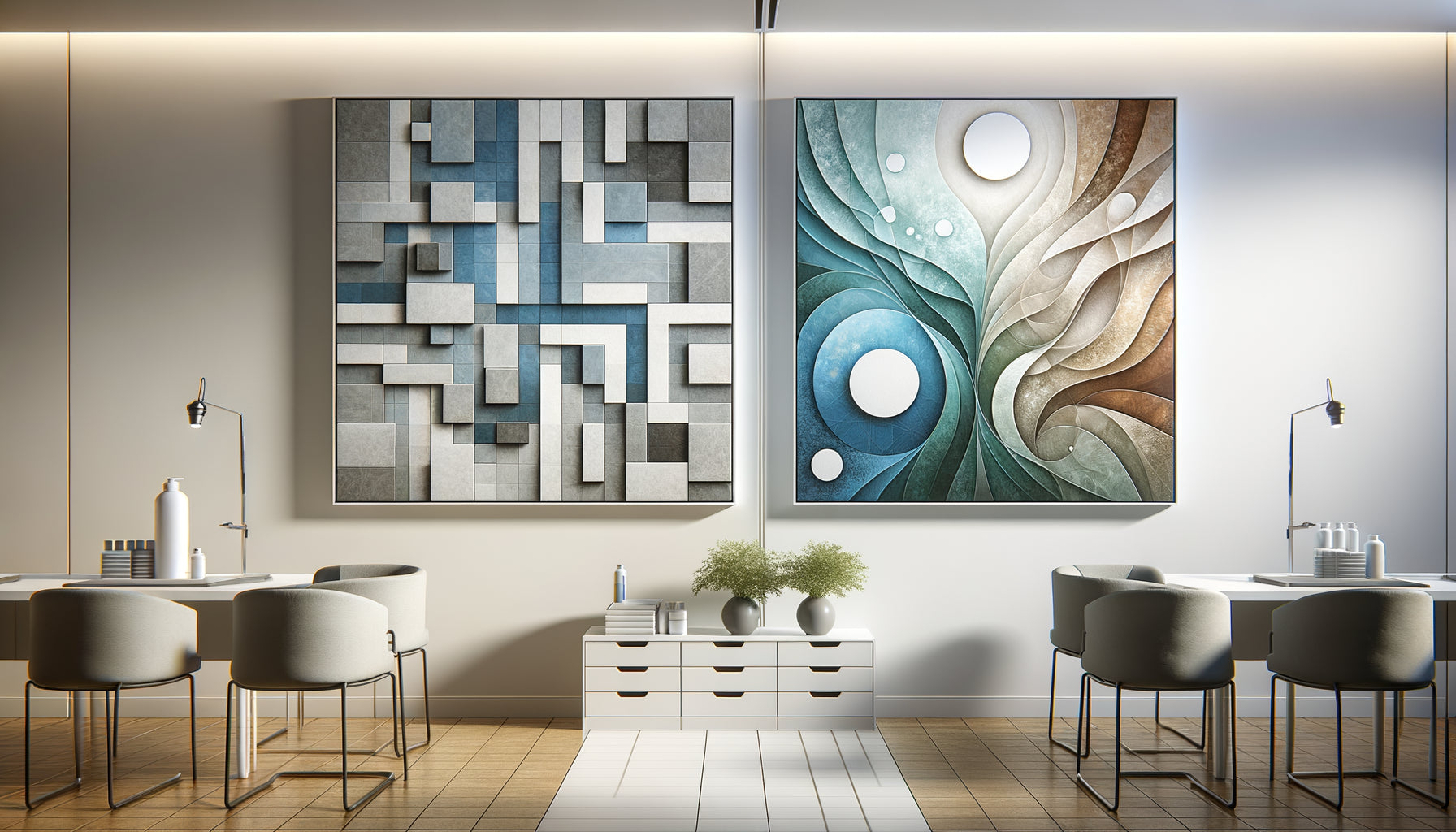 Comparaison visuelle entre art abstrait géométrique aux formes rigides et art abstrait organique aux courbes fluides dans contexte médical apaisant