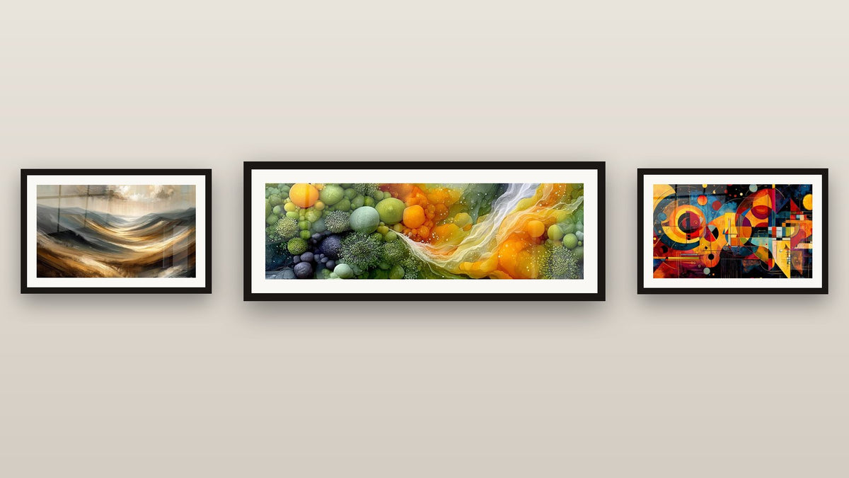 Gallery wall with three framed paintings, including Geometric Abstract Composition and Ode to the Wind Abstract Edition