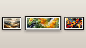 Gallery wall with three framed paintings, including Geometric Abstract Composition and Ode to the Wind Abstract Edition