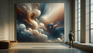 Personne contemplant une œuvre abstraite contemporaine aux formes organiques et couleurs douces, atmosphère méditative propice à la rêverie