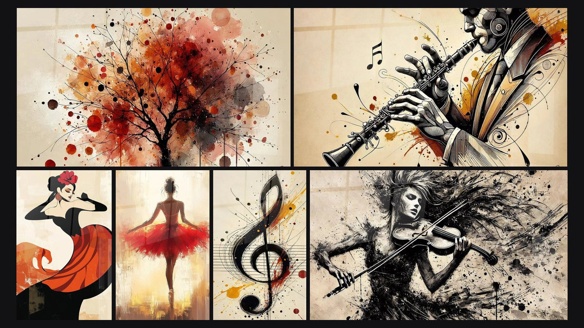 Mosaïque de six tableaux, dont Forêt Abstraite, Clarinette N°1 et La Dame Rouge