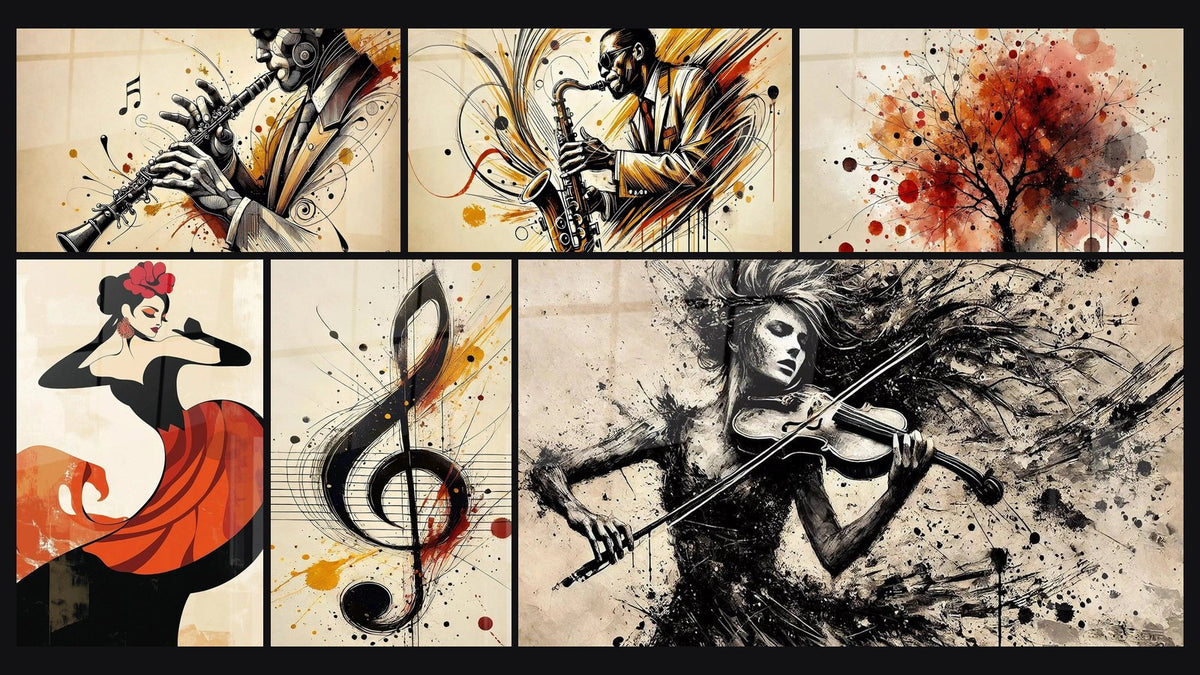Mosaïque de six tableaux, dont Clarinette N°1, La Dame Rouge et Note de Musique N°2