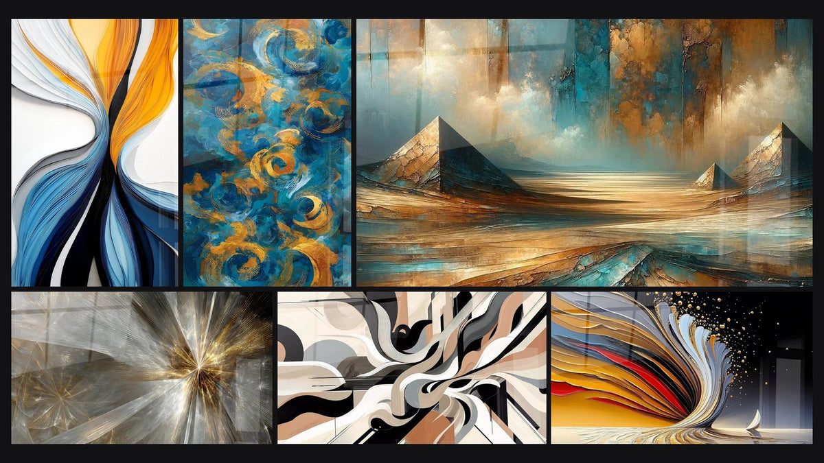 Mosaïque de six tableaux, dont Flux dynamiques colorés, Tourbillons dorés et Rayons lumineux dorés