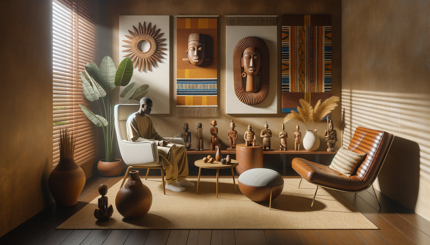 Salle de soins interculturelle intégrant art africain traditionnel authentique - masques, sculptures et textiles - dans environnement thérapeutique apaisant