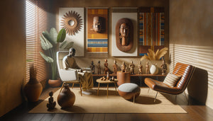 Salle de soins interculturelle intégrant art africain traditionnel authentique - masques, sculptures et textiles - dans environnement thérapeutique apaisant