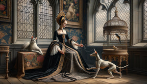 Peinture bourguignonne du 15ème siècle montrant une noble avec lévrier blanc, chat et oiseau en cage, style flamand réaliste