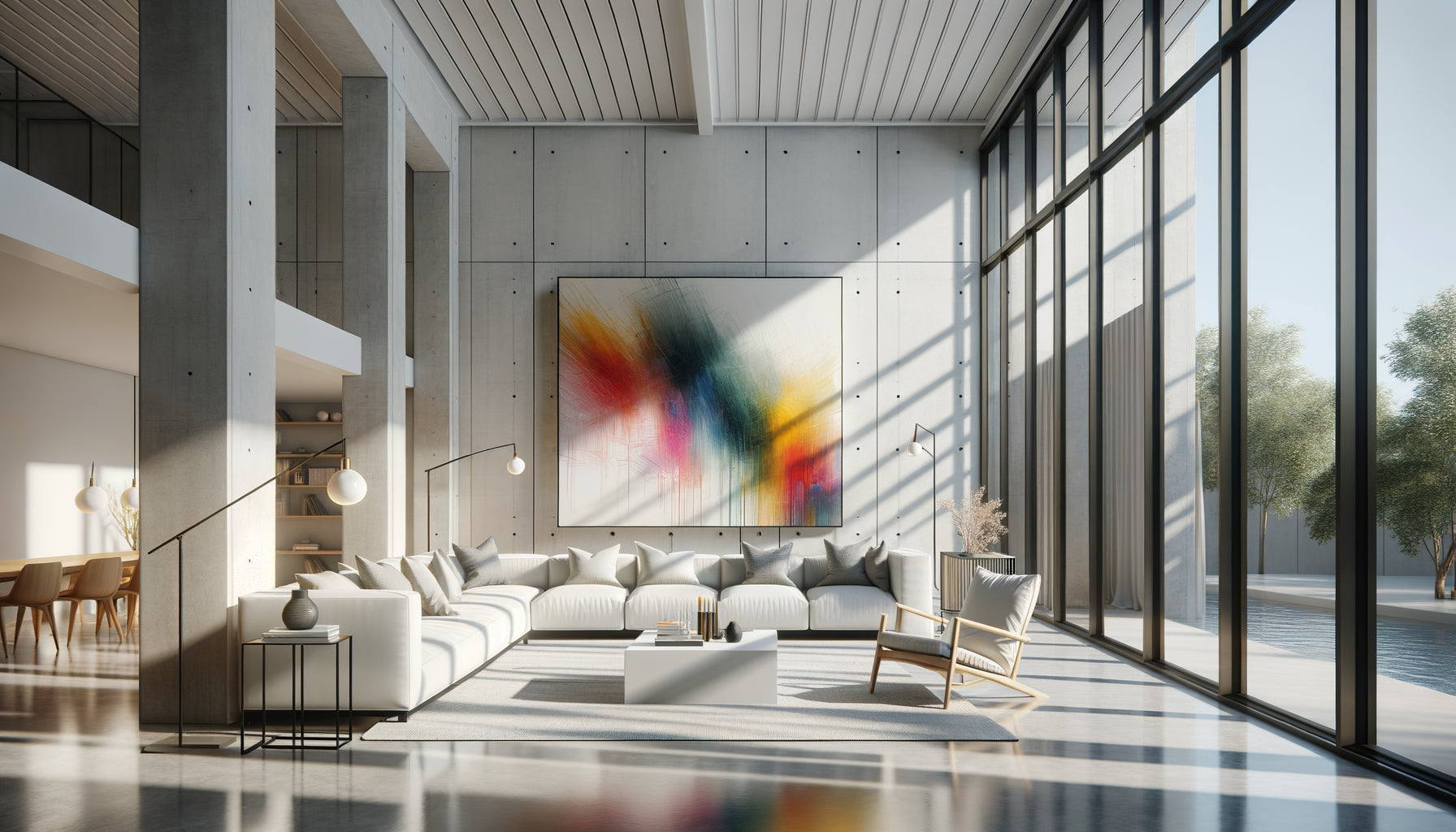 Intérieur Airbnb minimaliste moderne avec œuvre d'art contemporain colorée sur mur blanc épuré