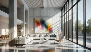 Intérieur Airbnb minimaliste moderne avec œuvre d'art contemporain colorée sur mur blanc épuré