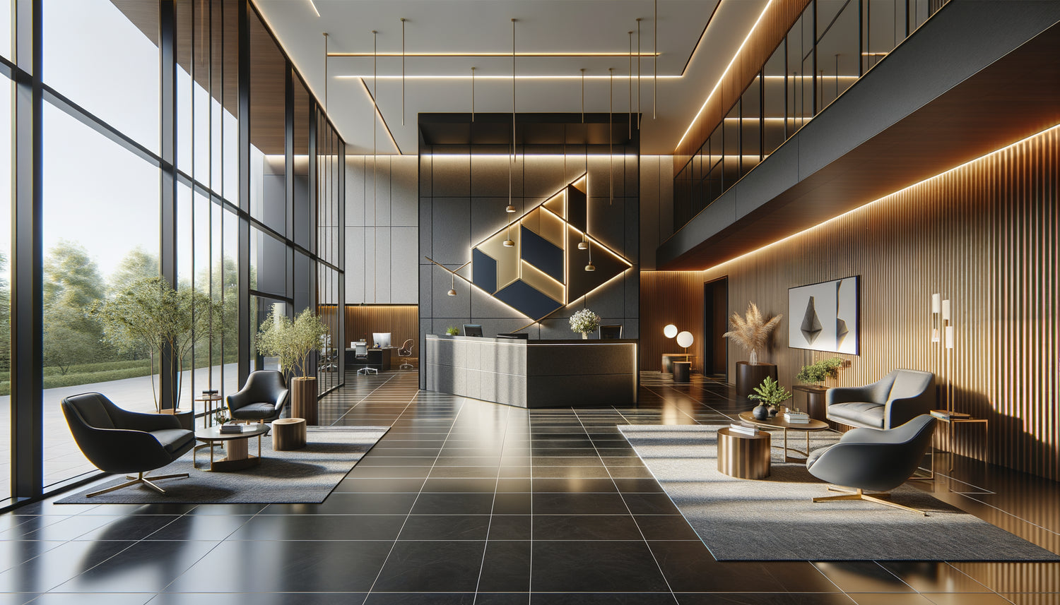 Œuvre d'art géométrique minimaliste contemporaine dans un cabinet d'avocats moderne avec tons bleu marine et or