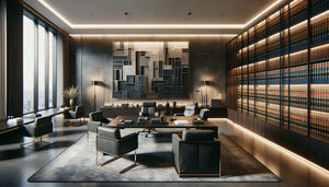 Bureau juridique moderne avec œuvre d'art abstraite sobre aux tons gris et bleu, ambiance professionnelle raffinée