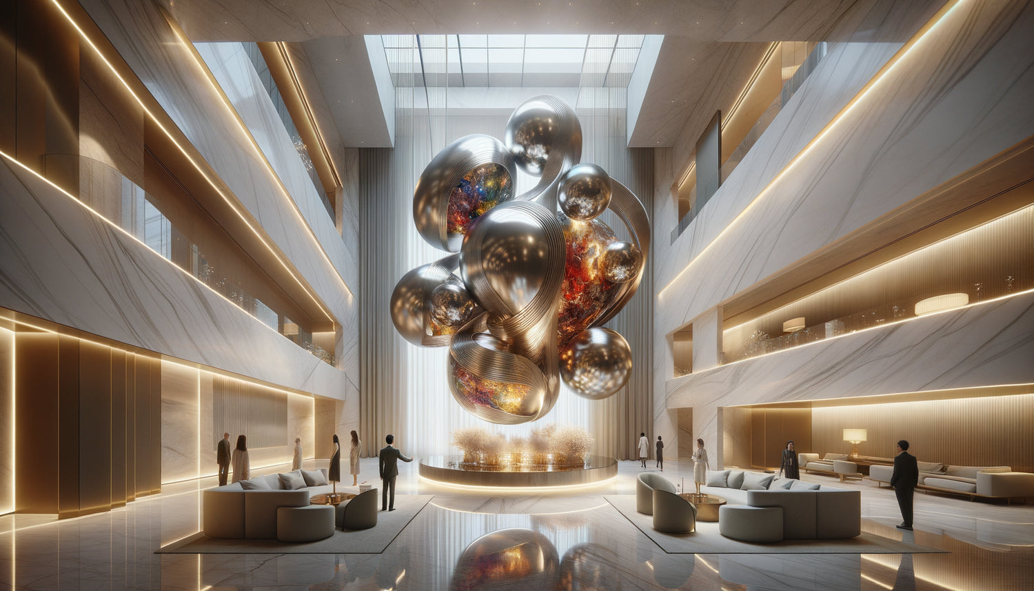 Installation artistique monumentale contemporaine dans un lobby d'hôtel de luxe moderne avec sculpture suspendue et éclairage immersif
