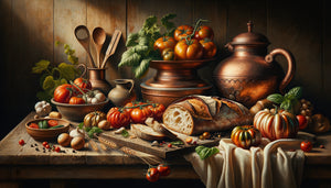 Nature morte culinaire hyperréaliste représentant ingrédients frais et ustensiles de cuisine en style peinture classique