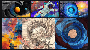 Mosaïque de six tableaux, dont Galaxie Spirale Cosmique, Voyageur Cosmique et Explosion cosmique