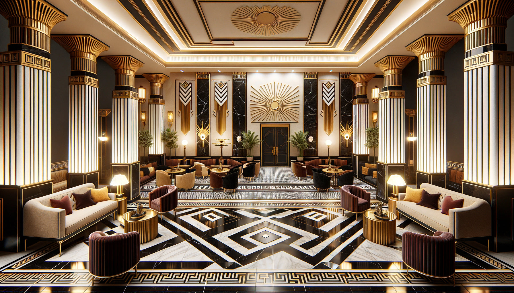 Hall d'hôtel de luxe italien années 1920 en style Art Déco avec motifs géométriques et influences romaines