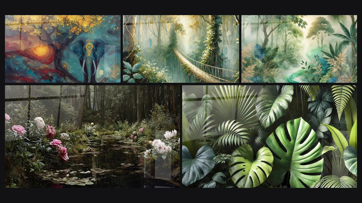 Mosaic of five paintings, including Elephant Bearer of Sahel Legends, Pond with Forest Peonies and Secret Crossing