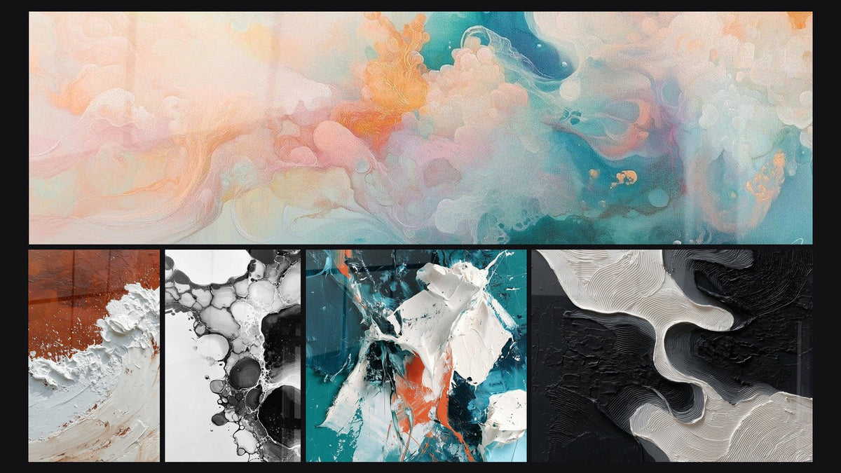 Mosaïque de cinq tableaux, dont Cumulus Flottants Rose, Bulles abstraites et Éclat blanc et sarcelle en relief