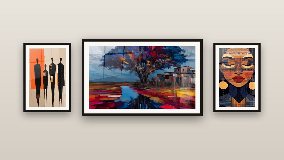 Gallery wall with three framed paintings, including African Woman Tribal Wisdom and Tree Wall Art Guardian of the Village