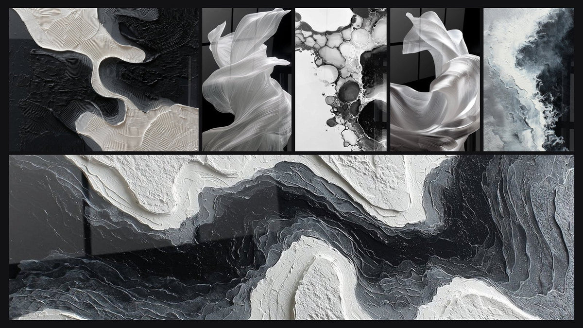 Mosaïque de six tableaux, dont Tissu Fluide, Bulles abstraites et Tissus Fluides