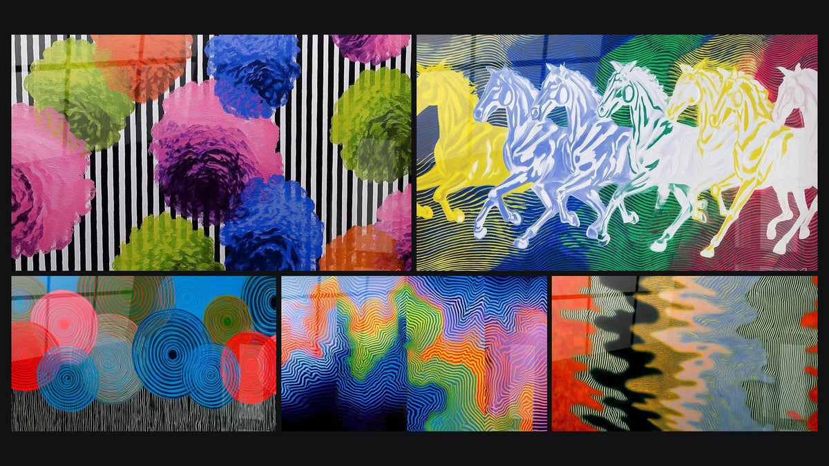 Mosaic of five paintings, including Flowers Perception Blurred and Wavy Lines Artwork Colorful Pulsation