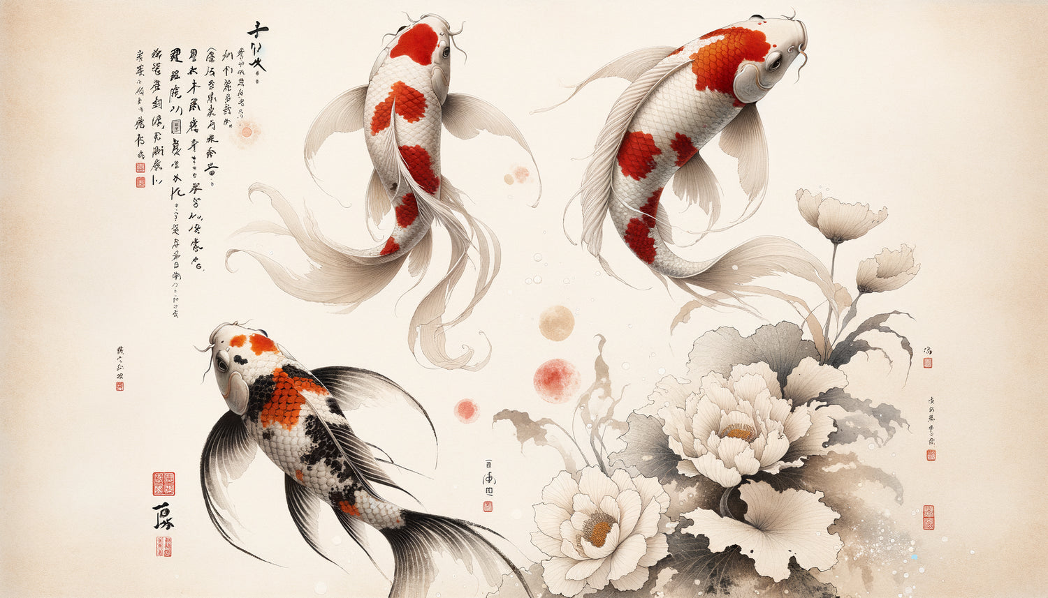 Poissons japonais traditionnels flottant dans le vide blanc, style sumi-e période Edo, concept ma philosophique