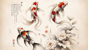 Poissons japonais traditionnels flottant dans le vide blanc, style sumi-e période Edo, concept ma philosophique