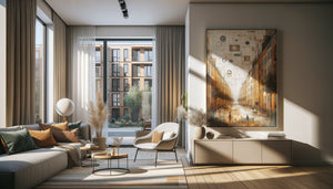 Intérieur d'appartement contemporain avec œuvre d'art local abstraite sur mur blanc, lumière naturelle, atmosphère chaleureuse et habitée
