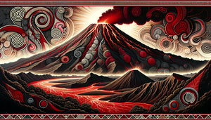 Représentation artistique maorie d'un volcan actif intégrant spirales koru, motifs géométriques traditionnels et symbolique des dieux telluriques