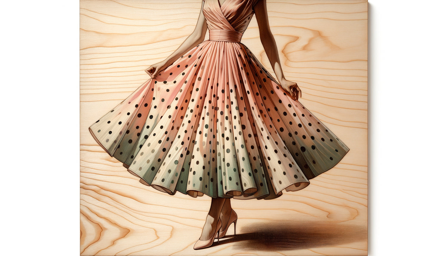 Illustration vintage de mode des années 1950 peinte sur panneau de bois de peuplier clair, détails délicats sur surface soyeuse