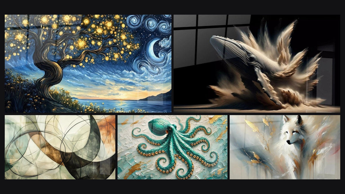 Mosaico di cinque quadri, tra cui La balena di Elise, I Legami Invisibili e Smeraldo degli Abissi