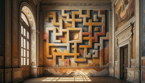 Fresque murale abstraite baroque du XVIIe siècle avec palette chromatique restreinte en ocres et terres, témoignant des contraintes économiques sur les pigments importés