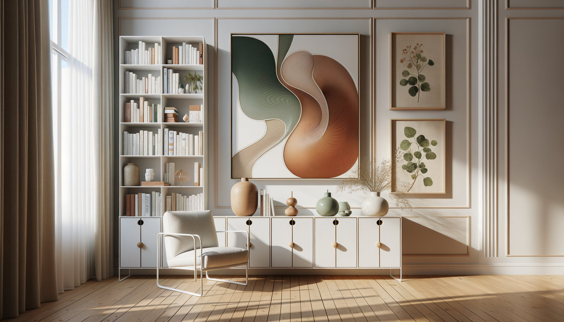 Bibliothèque Billy Ikea blanche avec art mural organique aux courbes douces créant contraste harmonieux