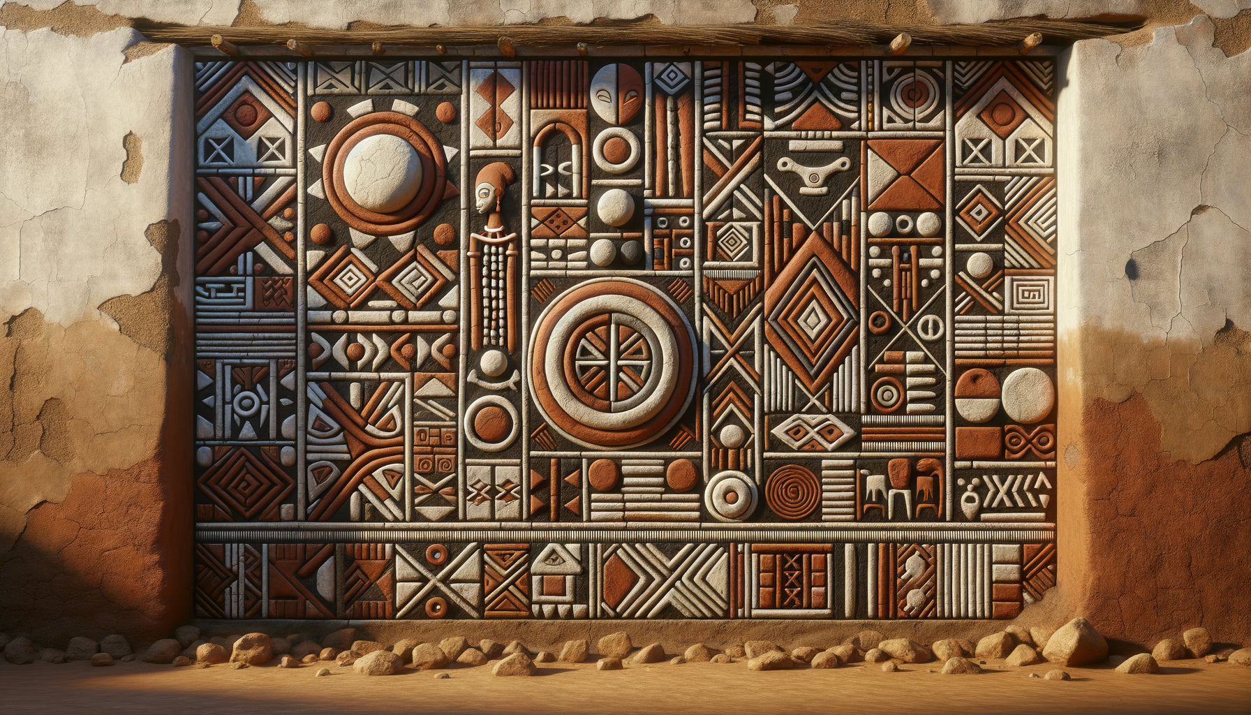 Fresque murale africaine traditionnelle avec motifs géométriques symboliques remplaçant les représentations humaines, pigments naturels ocres et noirs
