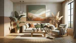 Intérieur Airbnb familial chaleureux avec art mural abstrait aux tons neutres et accueillants, design contemporain équilibré