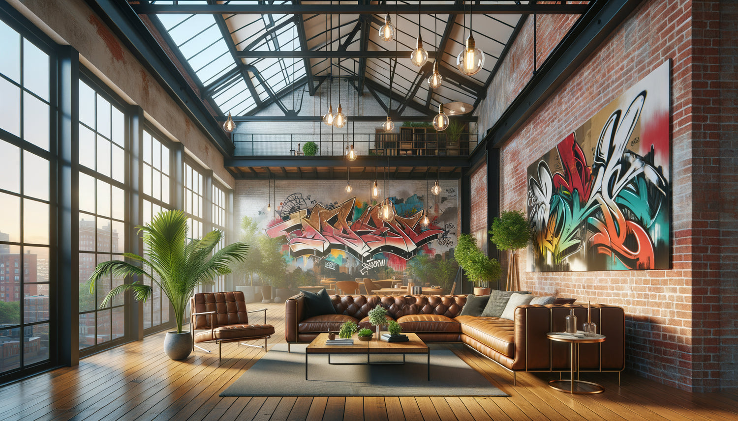 Intérieur loft Brooklyn contemporain avec grand art mural urbain sur mur de briques exposées et mobilier industriel moderne