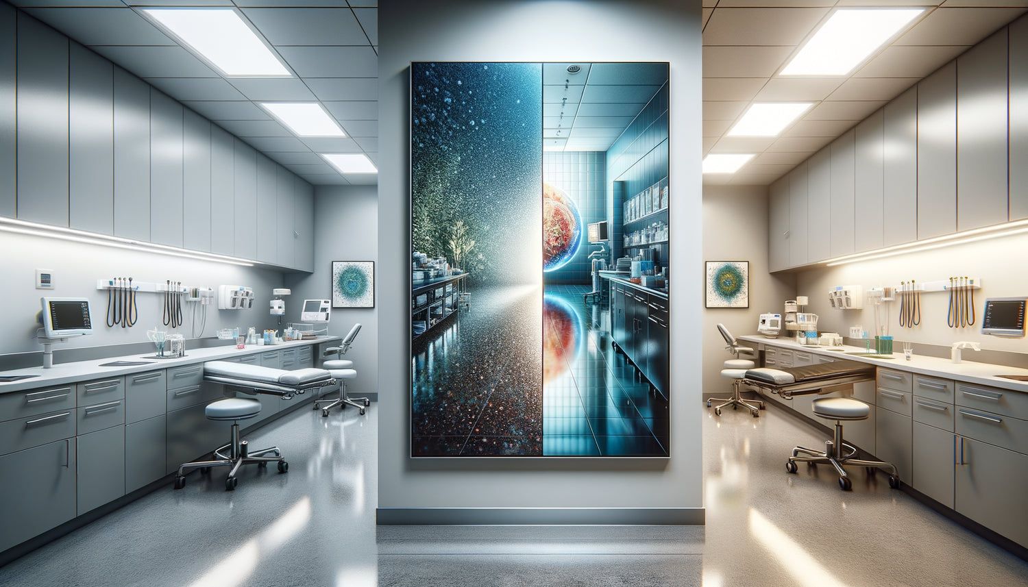 Comparaison photographique entre art mural sur aluminium et toile dans cabinet médical moderne