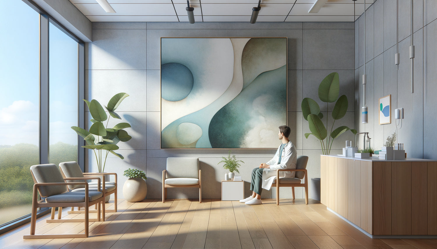 Salle d'attente professionnelle avec art mural apaisant aux tons bleus et verts, design contemporain réduisant l'anxiété