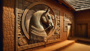 Bas-relief sculptural de cheval royal sur mur de palais Bariba, art mural traditionnel du nord du Bénin